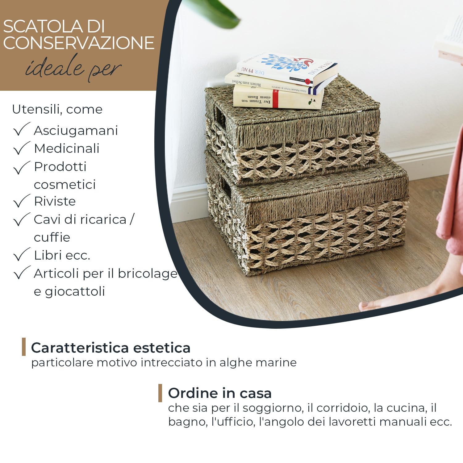 HMF Set di 3 cestiono portaoggetti con coperchio, Cestini intrecciato in alghe marine e foglie di palma | piccolo, medio, grande