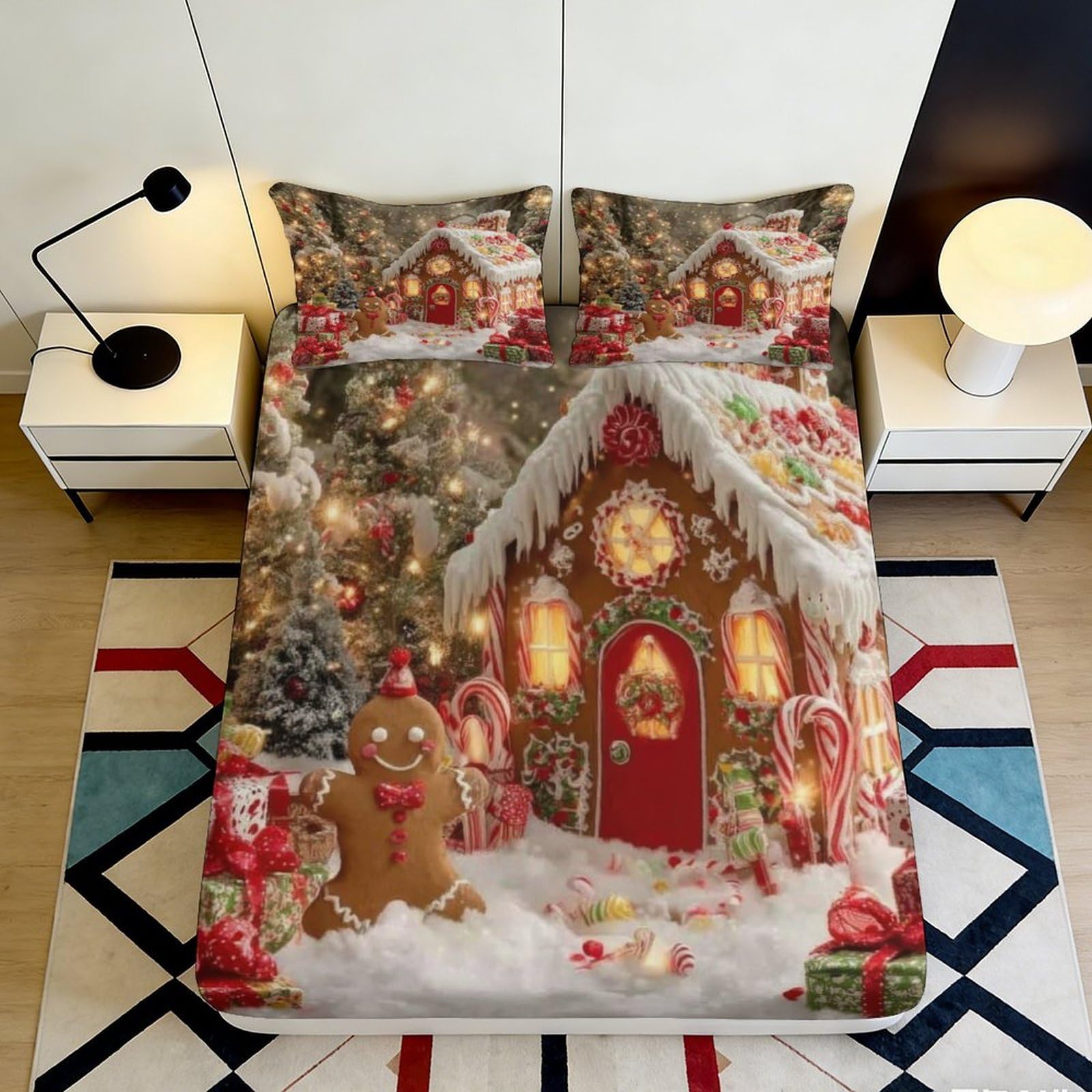 Pnayamiorkfel Style-2 3D Printed Gingerbread House Fitted Sheet Microfiber Soft Christmas Tree Bed Cover For Bedroom Decor Dorm Guest Room 90X200x25cm