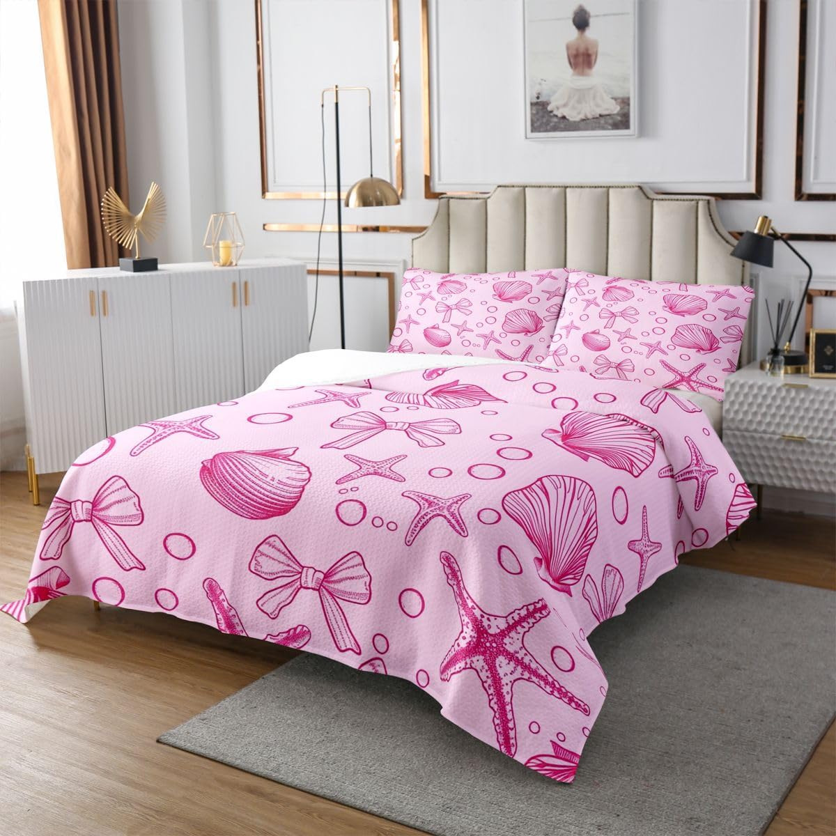 jejeloiu Blue Ocean Bow Bedspread King Size Coastal Seascape Painting Coverlet Set Bseashell and Starfish Quilted Coverlet for All Season with 2 Pillowcases Lightweight
