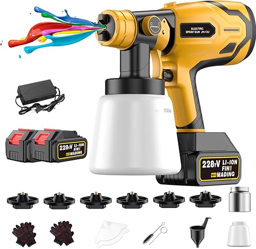 Pulverizador de pintura inalámbrico, baterías de 21 V 4.0 Ah, pistola de pintura eléctrica HVLP incluye 6 boquillas de cobre y 3 patrones y