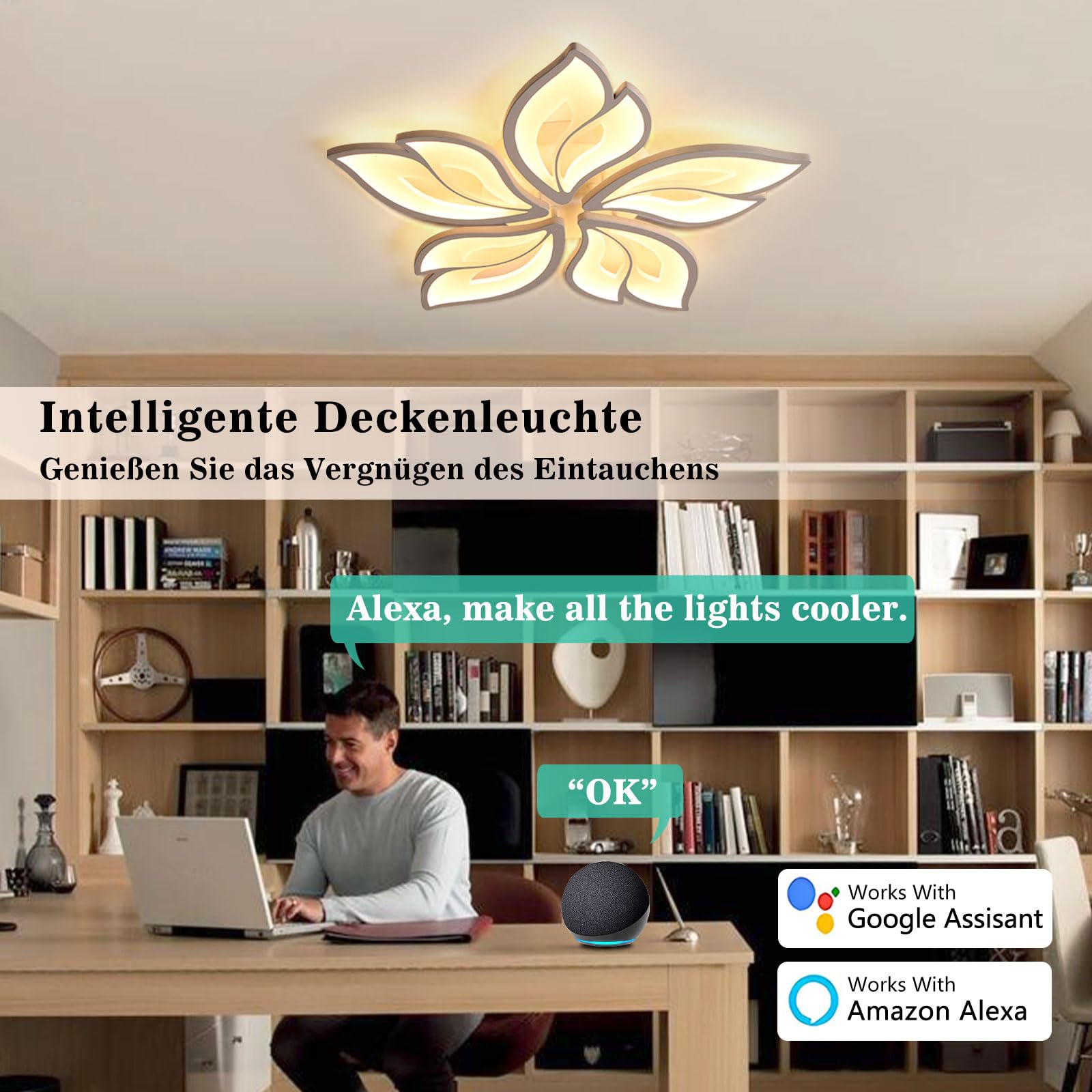 Sky angle Plafoniera LED Soffittocon ALEXA e Google Home, Lampada da Soffitto Moderna Design a Petalo Elegante per Soggiorno Camera da Letto Sala da Pranzo Bagno (Diametro 63cm)