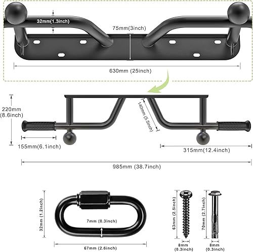 Miniatura 6 de Pull Up Bar Wall Mount 440 LBS Capacity Doorway Chin Up Bar Multifunctional Steel Chinup Bar with with Resistance Band Hooks for Indoor Home Gym