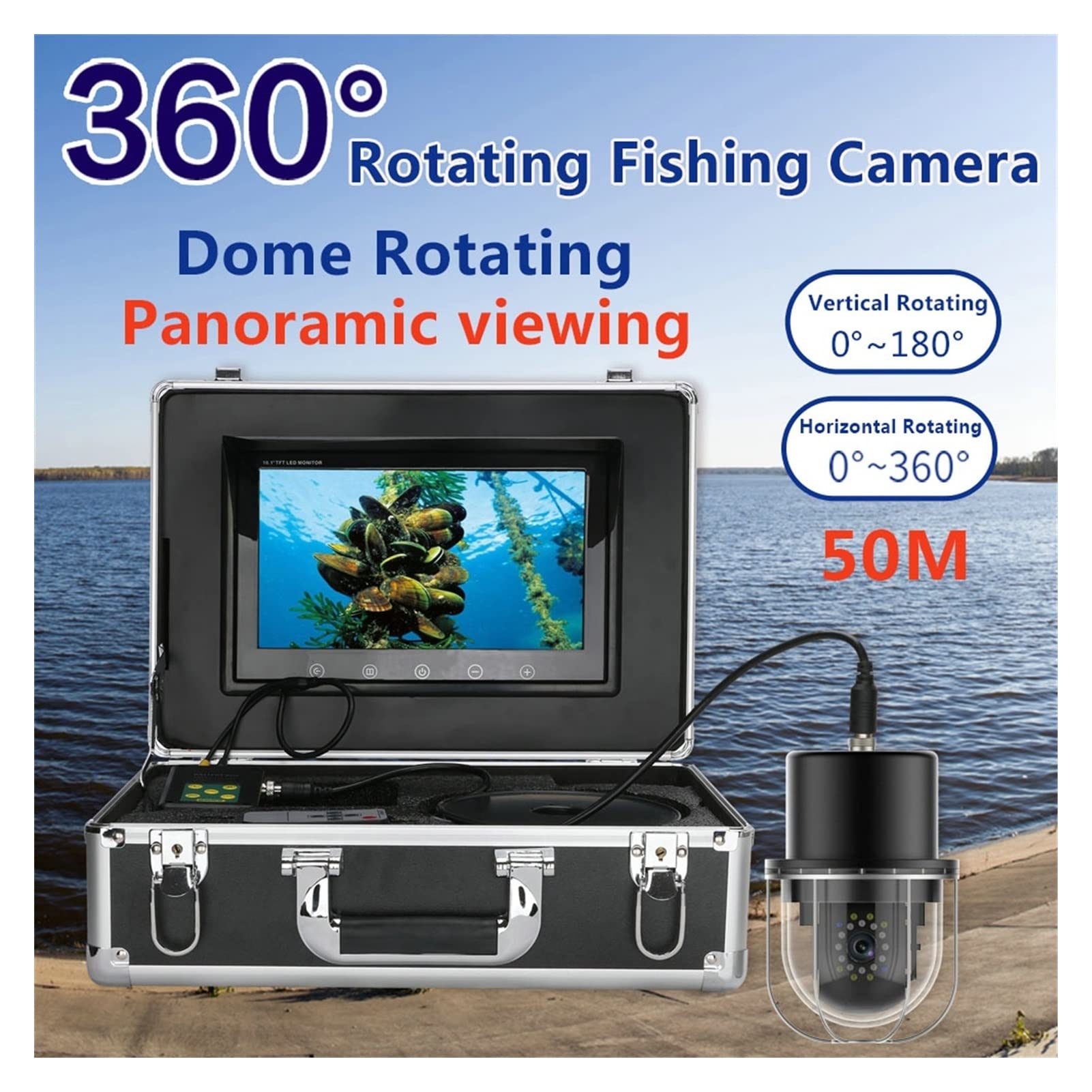 Echosonda, 9-calowy 20m / 50m / 100m Podwodne Fishing Fishing Fish Fish Fish IP68. Wodoodporny 20. Le DS 360 stopni obrotowa kamera oglądana do połowu na jeziorze, łodzi, pod lodem(FX9-50M)