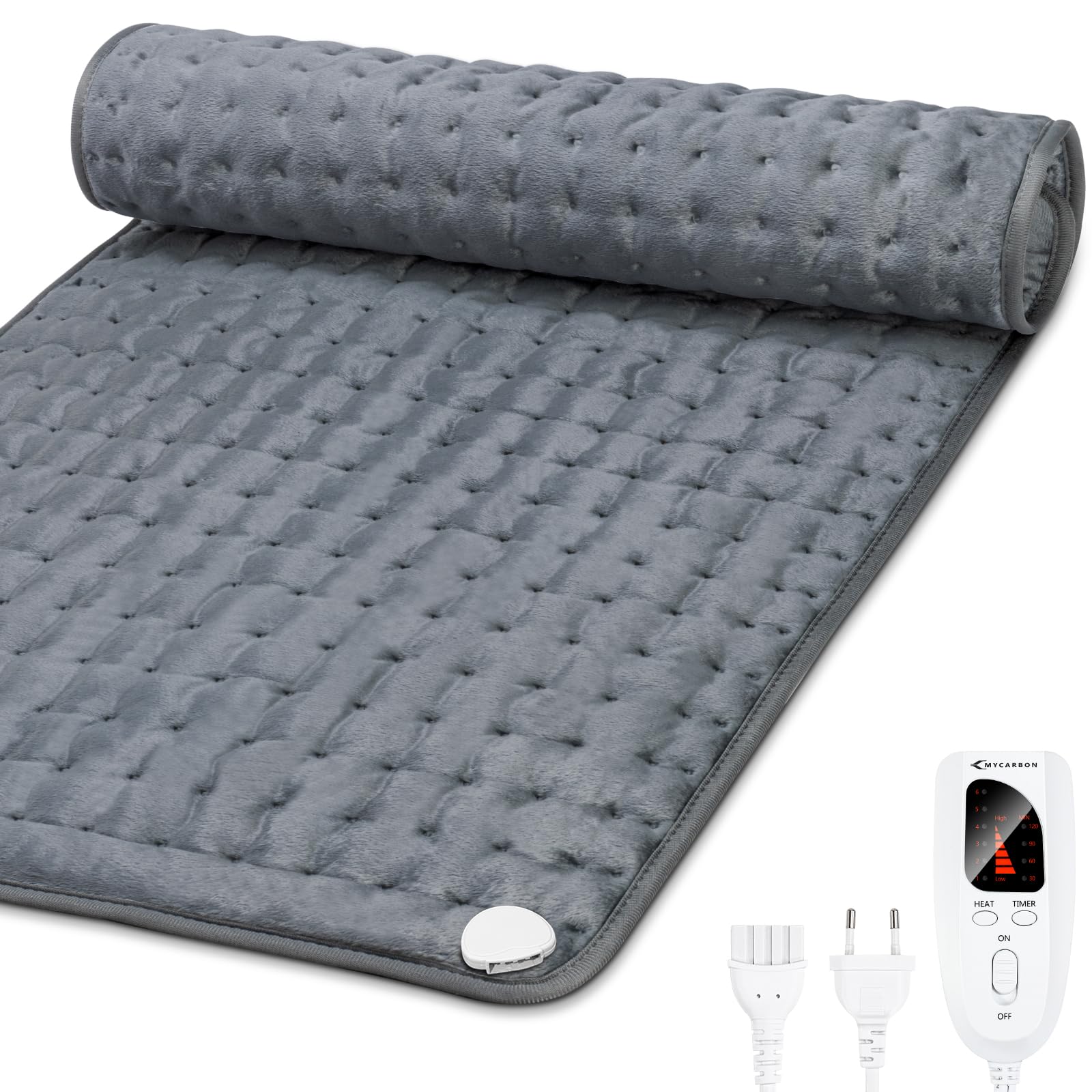 MYCARBON 92x50cm Coussin Chauffant Électrique Extra Large, Arrêt Automatique, 6 Niveaux de Température, Protection Contre la Surchauffe, Pad Chauffant pour Dos, Épaule, Nuque - Gris Foncé
