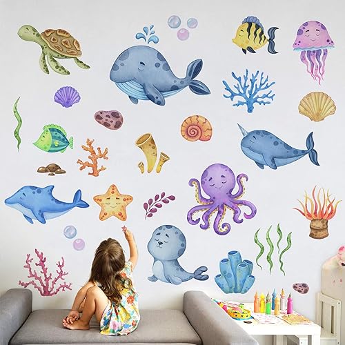 Calcomanías de pared de Ocean World colores de aprendizaje calcomanías de pared preescolar y decoraciones de pared artísticas fáciles de despegar y