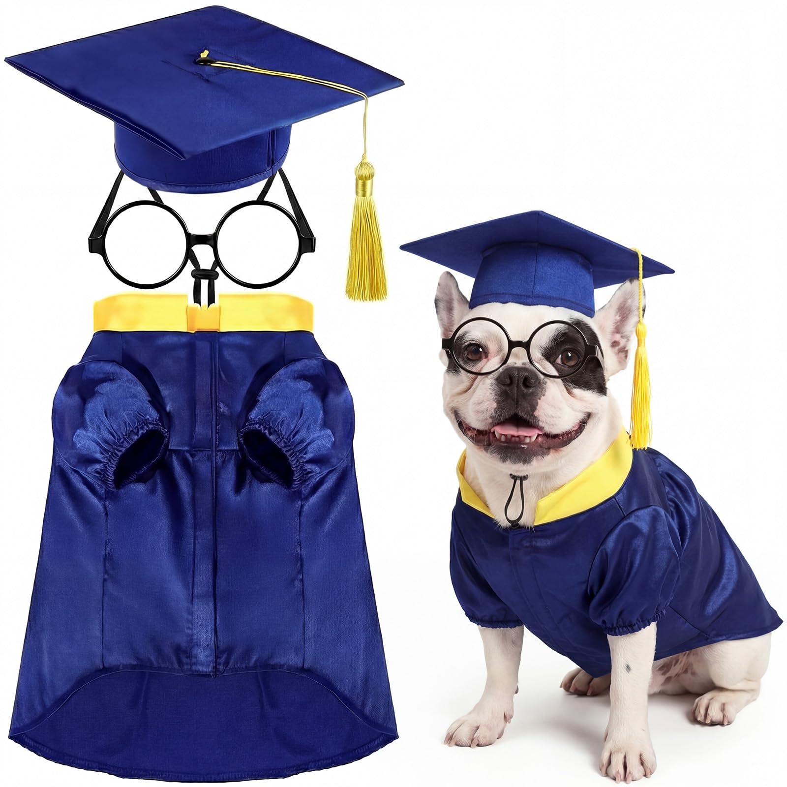 Huhumy 3 Pcs Dog Graduation Costume Set Include Pet Graduation Gown Adjustable Puppy Grad Cap with Gold Tassel Lensless Glasses for Dogs Cats Holiday Costume Accessory(Royal Blue,M)