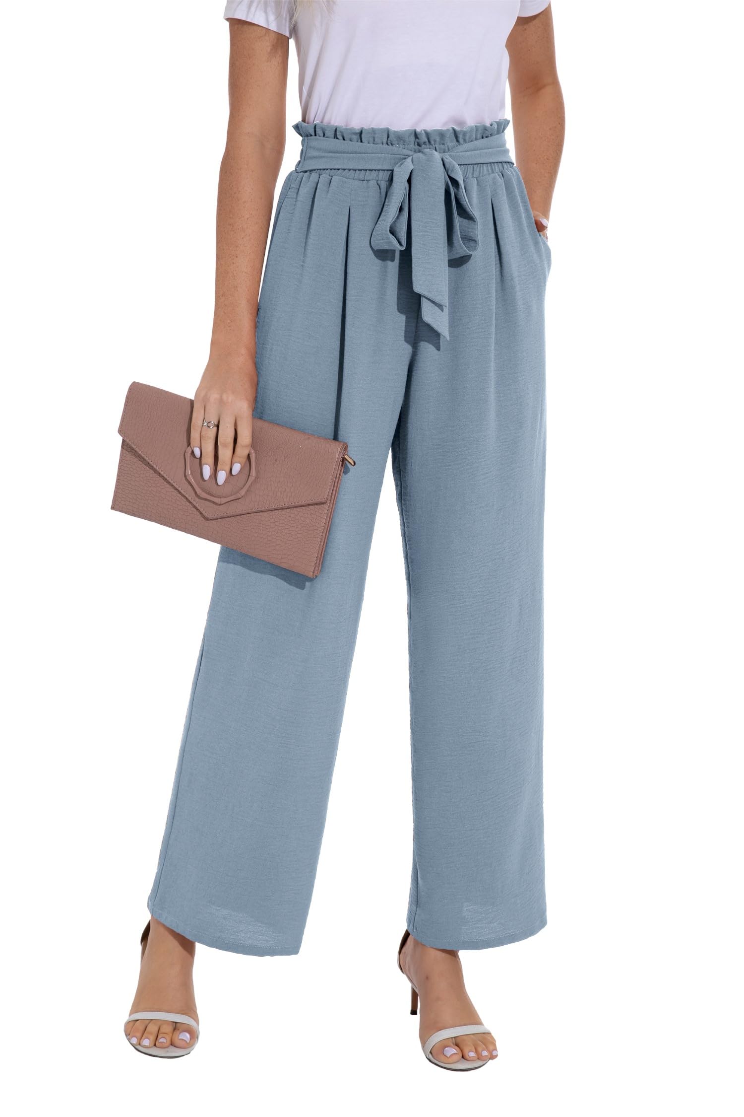 PrinStory Damen Hose Mit Weitem Bein, Leichte Elastische Taille Sommer Mit Taschen, Kausale Arbeit