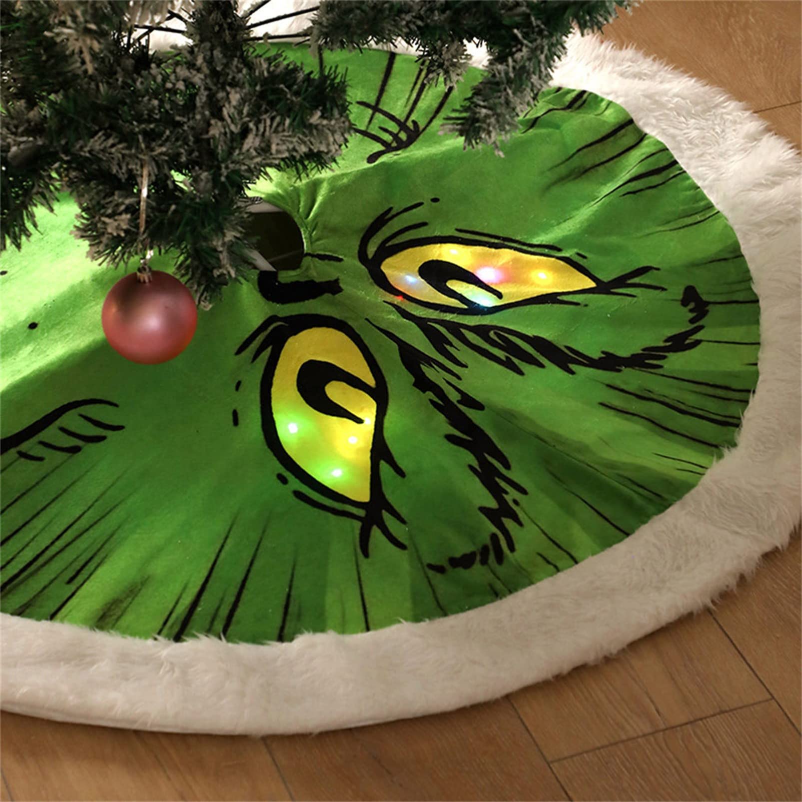 Green Monster Tree Skirt Christmas Decoration Light Up Large Treeskirt Green Tree Mat for Xmas Holiday Party Indoor Outdoor 45.6 inches