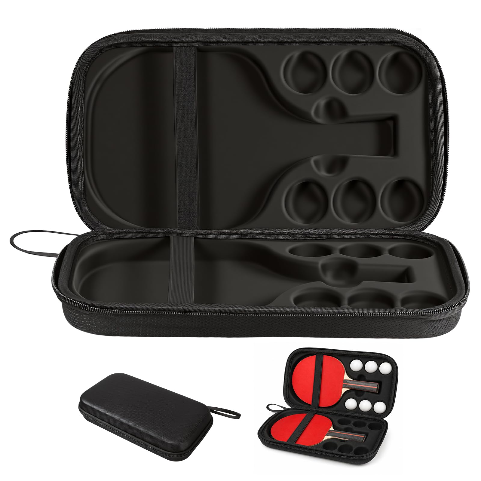 Table Tennis Bat Case with 6 Table Tennis Balls, EVA Hard Shell Racket Bag for 2 Rackets, Water-Repellent Ping Pong Bag with Zip and Wrist Strap for Training, School and Tournament