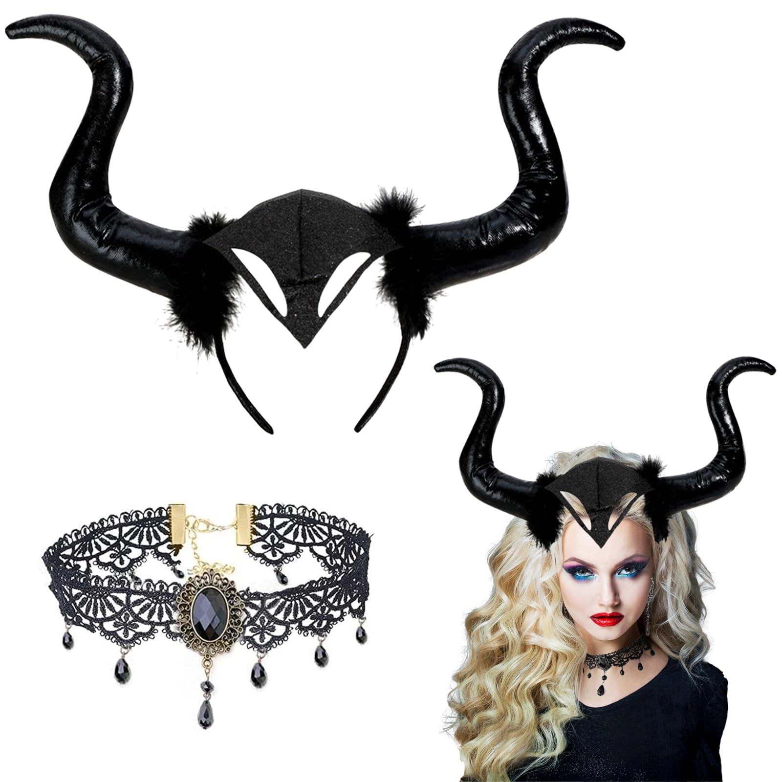4-teiliges Gothic Set - Hörner Kopfschmuck Mit Zauberstab & Halskette