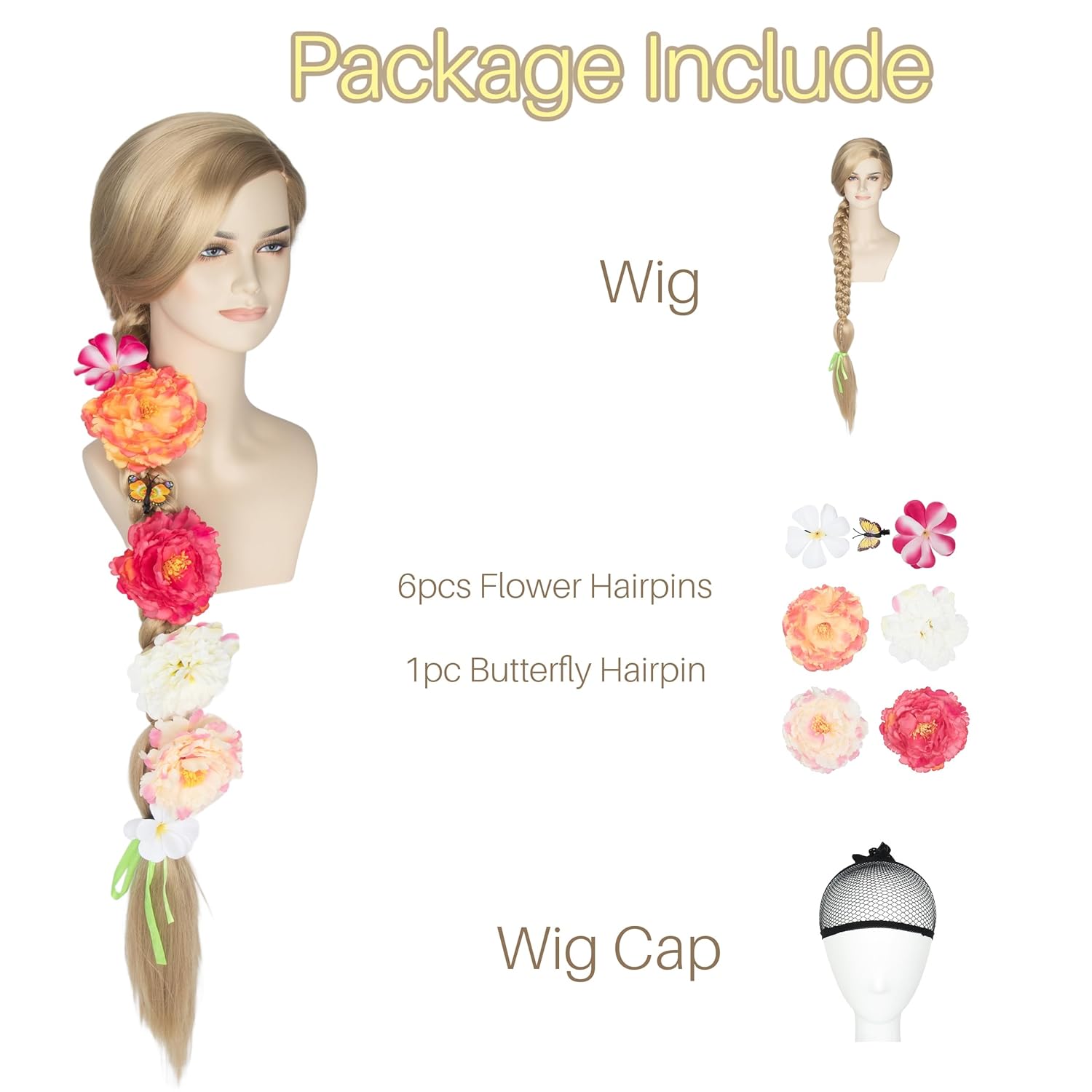 Miss U Hair Women Princess Long Blonde Wig 43.3inch Thick Fluffy Braided Cosplay Costume Wig for Adult with Flowers