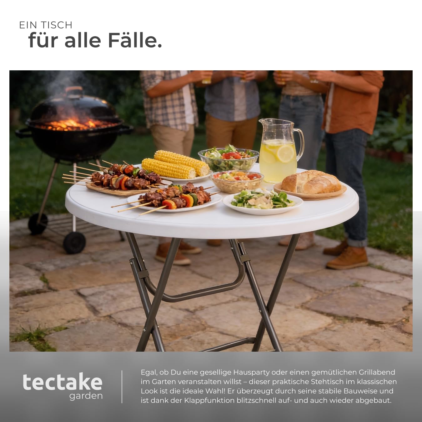 tectake® Stehtisch klappbar, Bistrotisch, Beistelltisch Outdoor, Klapptisch für Outdoor Küche, Stehempfang, Events, Bartisch, Grilltisch, Gartentisch rund, runder Tisch - 110 x 80cm