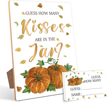 Pumpkin How Many Candies Are in the Jar 1 Wooden Sign with Stand + 50 Guessing Cards, Halloween,Bridal Shower Sign,Baby Shower Sign - MB02