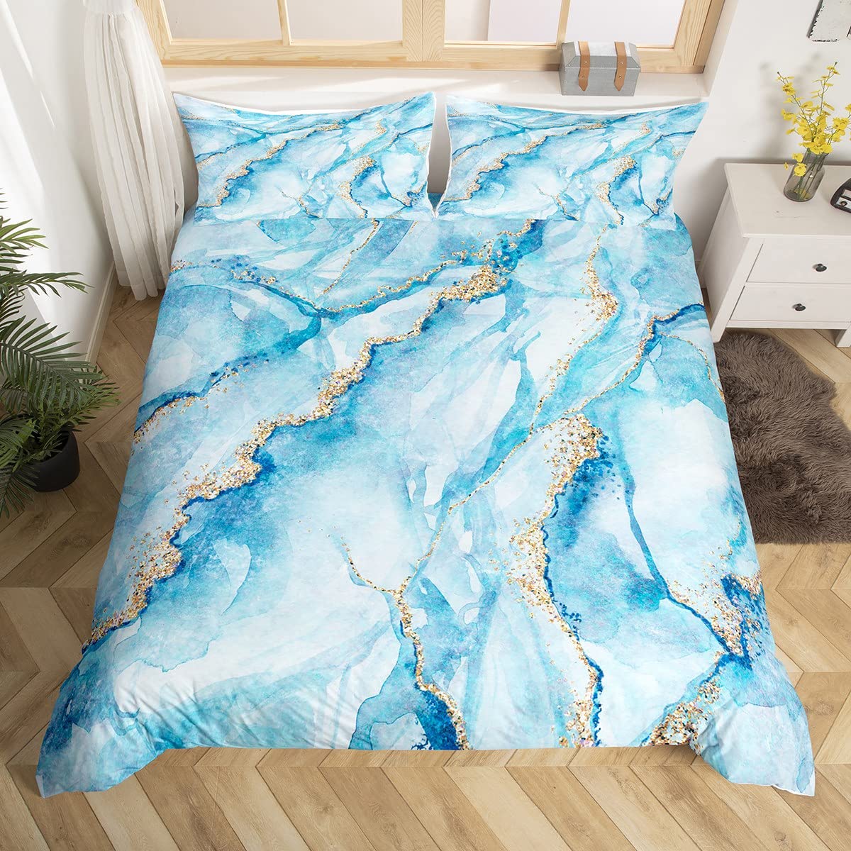 Manfei Boys Multi 10 Marbling Duvet Cover Set Single Size, White Blue Gold Marble Comforter Cover With 1 Pillowcase, Abstract Stone Texture Bedding Set 2Pcs For Kids Bedroom Decor Lightweight Bedspread Cover