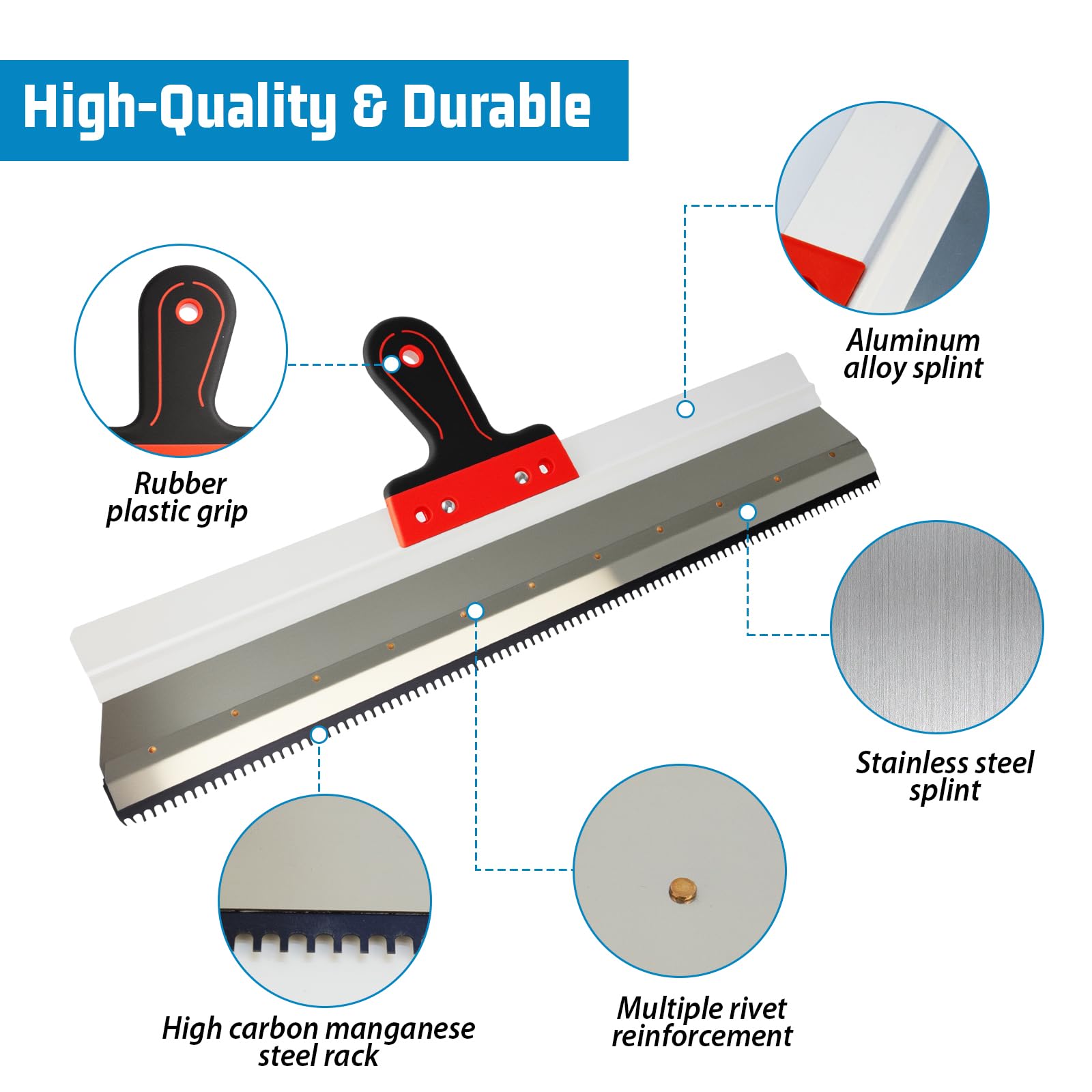 Spatola Dentata 56 cm in Acciaio Inox, Frattazzo per Stucco | Ideale per applicare intonaco, rasante e cemento autolivellante, con impugnatura ergonomica per un controllo preciso