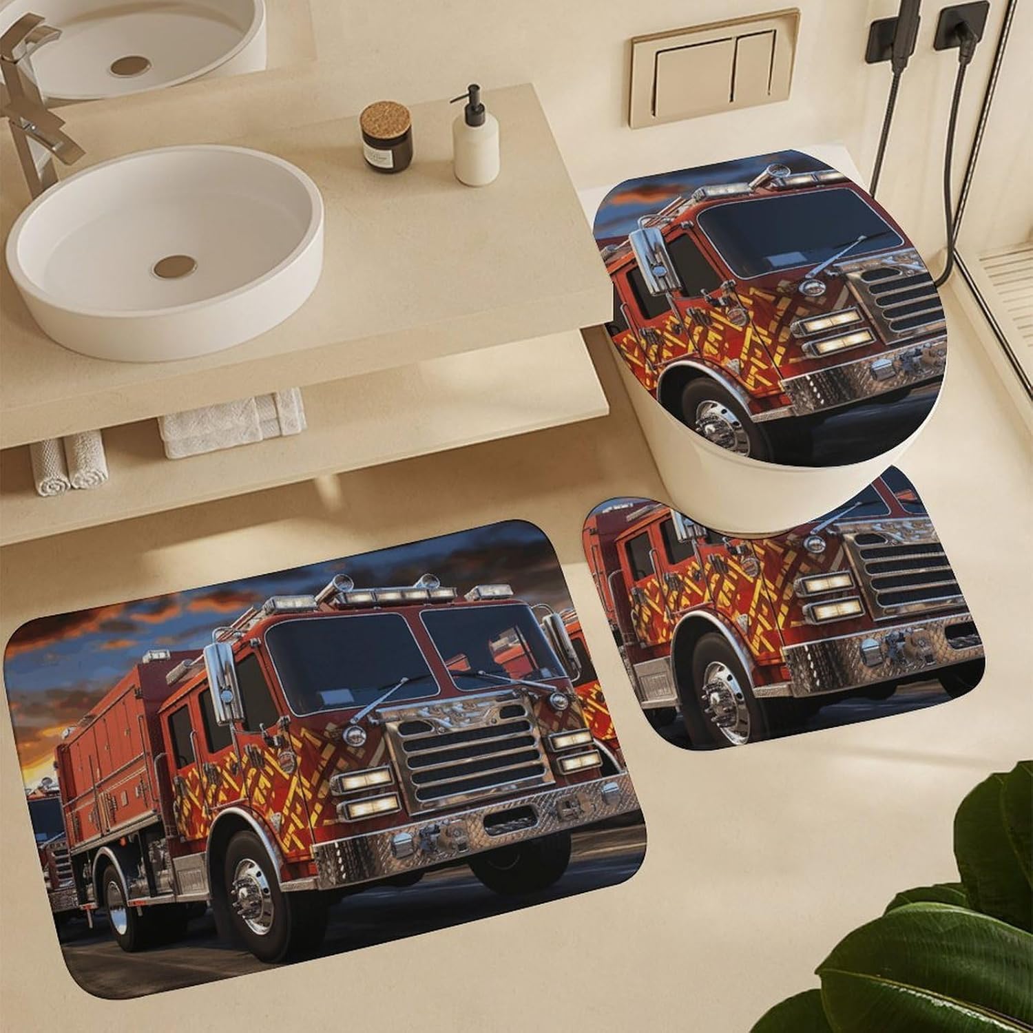 Fire Truck 4Pcs Shower Curtain Set with Non-Slip Rugs, Toilet Lid Cover and Bath Mat,Bathroom Set Decor Accessories,Curtain Set with 12 Hooks, 72 X 72 Inch
