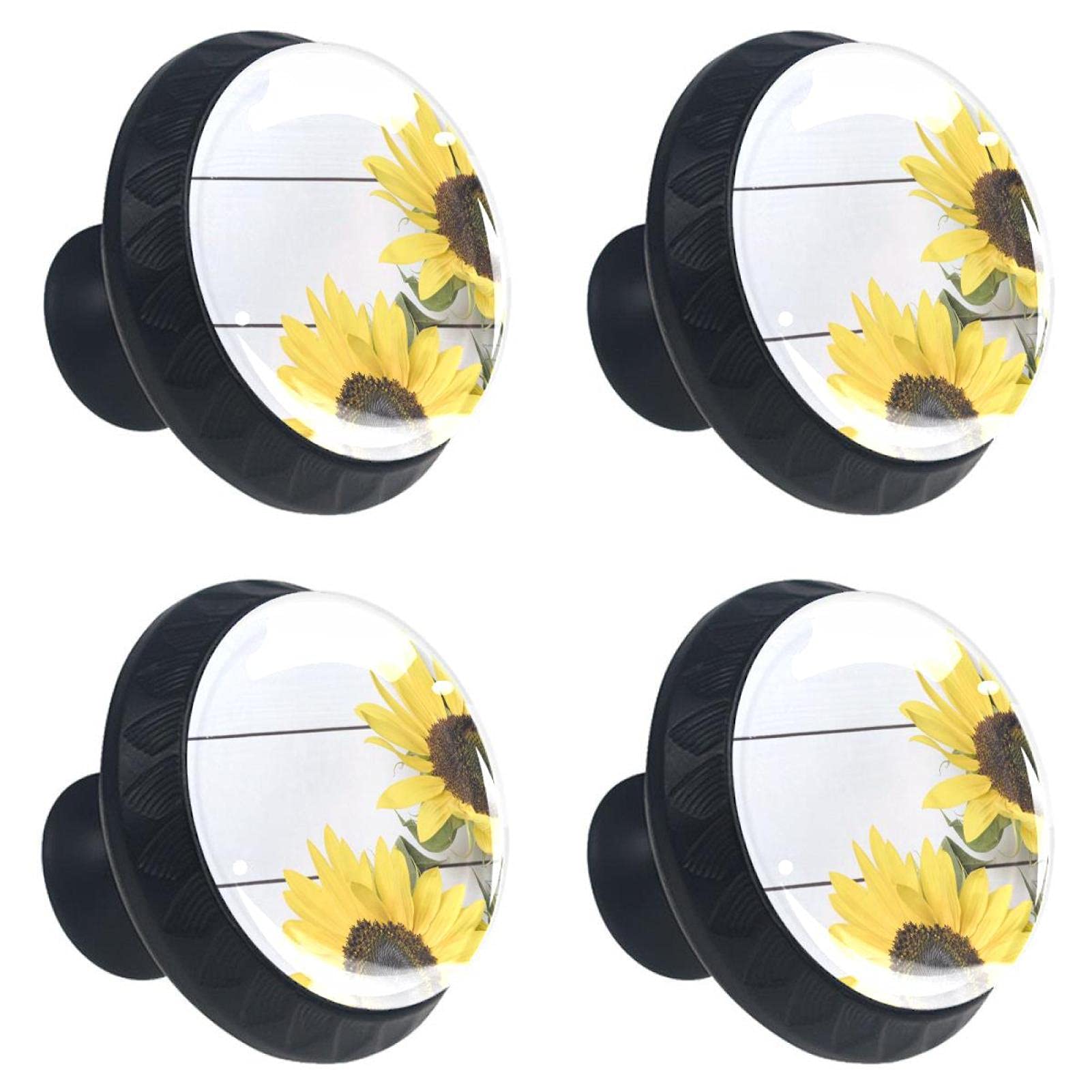 Boutons de tiroir en verre 30mm motif tournesols sur fond blanc bois - Lot de 4