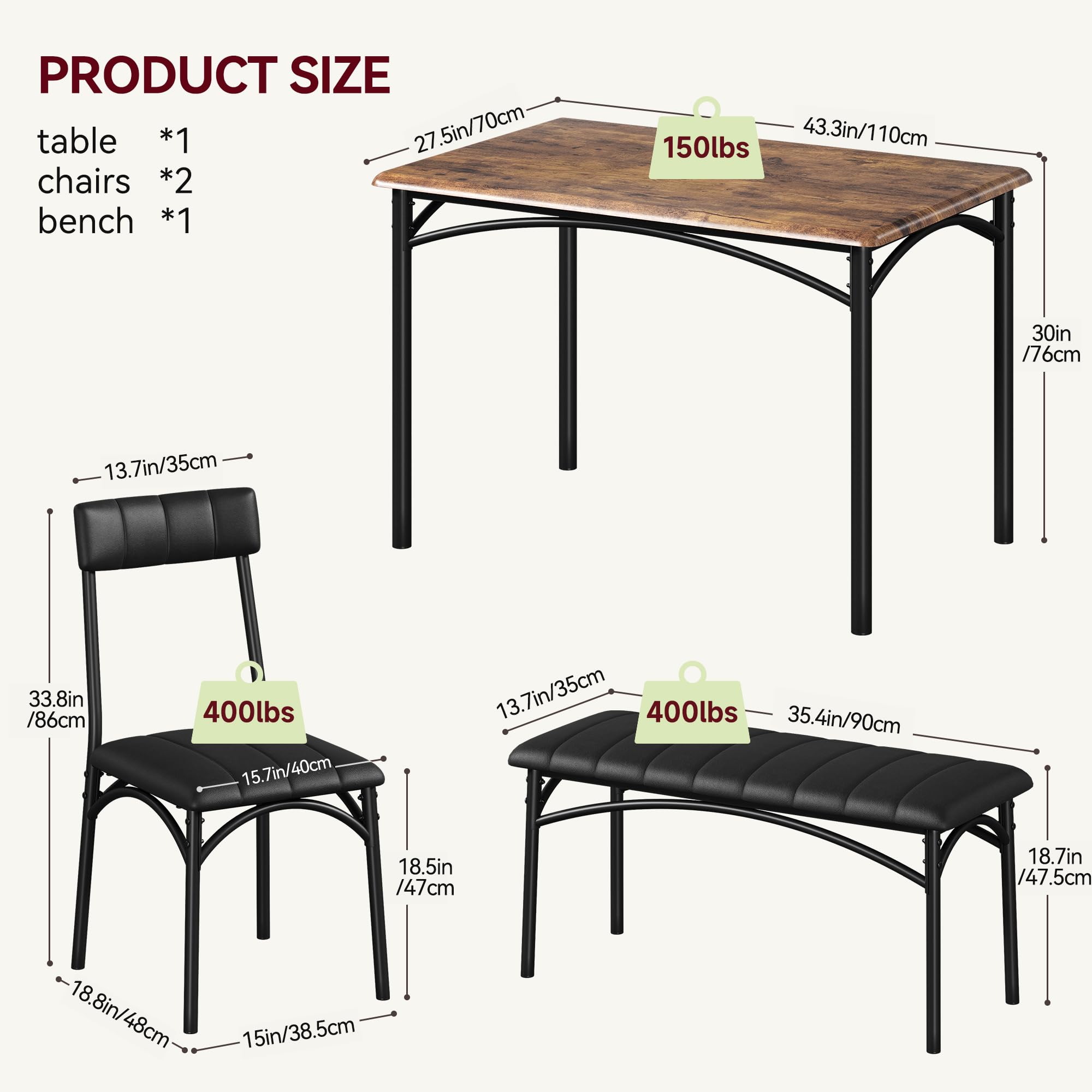 Esstisch mit 4 Stühlen Küchentisch | 110x70cm große Tischplatte | 90x35cm Bank | 43x43cm gepolsterte Sitzfläche