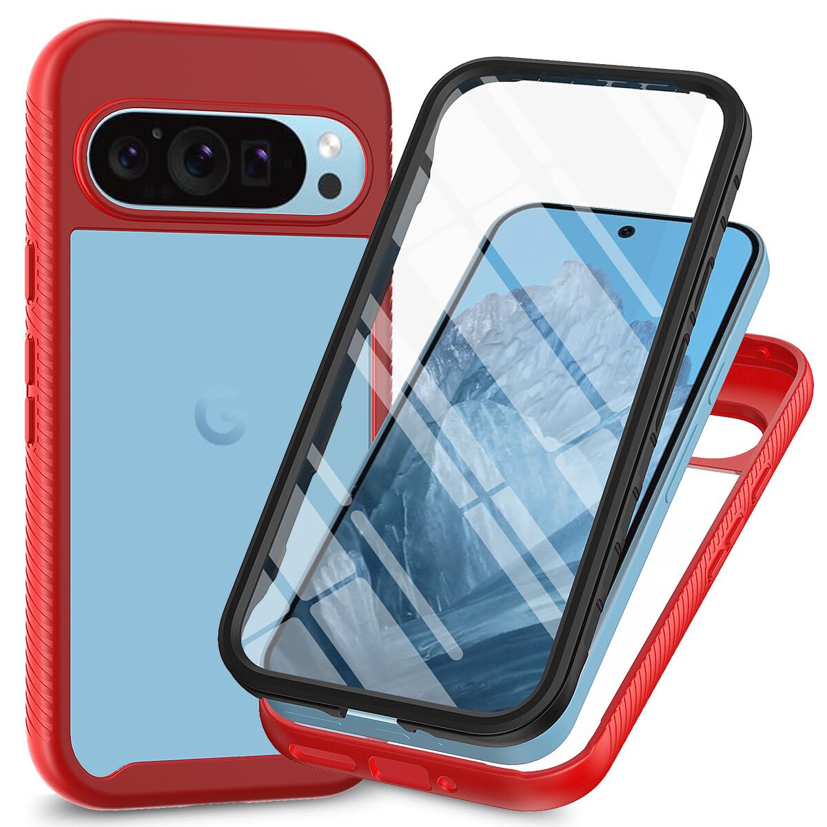 Generic etui kompatybilne z Google Pixel 11 Pro XL (kolor: czerwony) przezroczysty twardy tył twardy silikon pełna obudowa wbudowana osłona ekranu