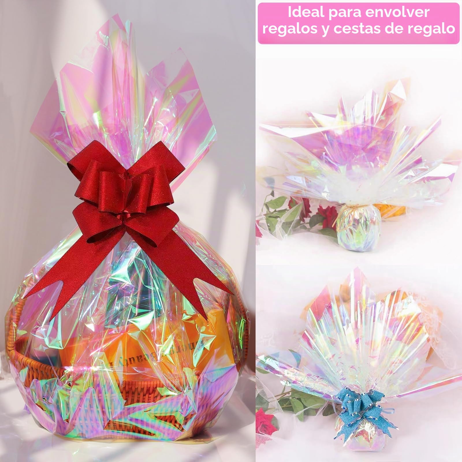 Rollo de celofán iridiscente, 86 cm x 15 m, lámina de celofán arcoíris, transparente, iridiscente, multicolor, lámina de regalo para grandes regalos, flores, alas de hadas, cestas de regalo, golosinas