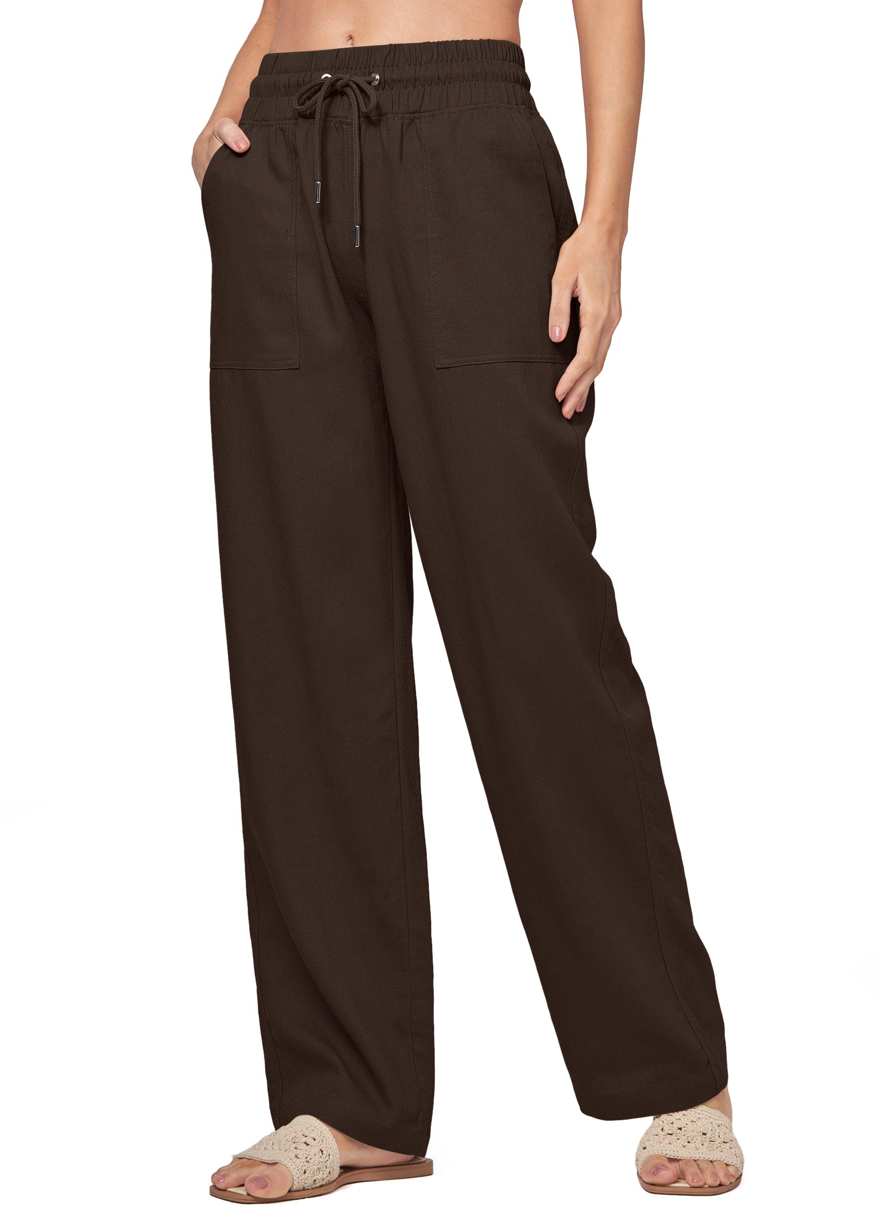 Willit Pantaloni da donna in lino a gamba larga, casual, pantaloni a palazzo, in cotone e lino, con tasche, 73,7 cm/78,7 cm/83,8 cm