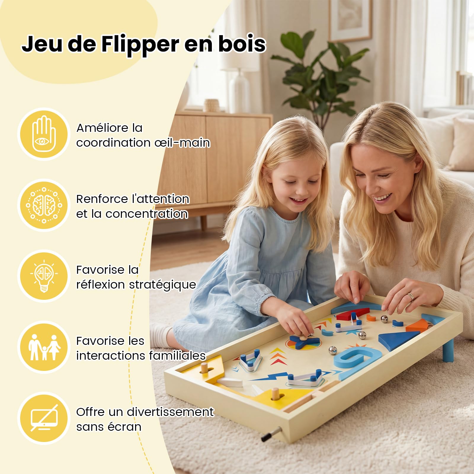 COSTWAY Flipper en Bois Enfant avec 3 Billes Métalliques, Jeux de Société Éducatif avec Lanceur à Ressort et 2 Pieds Détachables, Mécanismes Interactifs, Jeu d'Adresse pour 6 Ans+