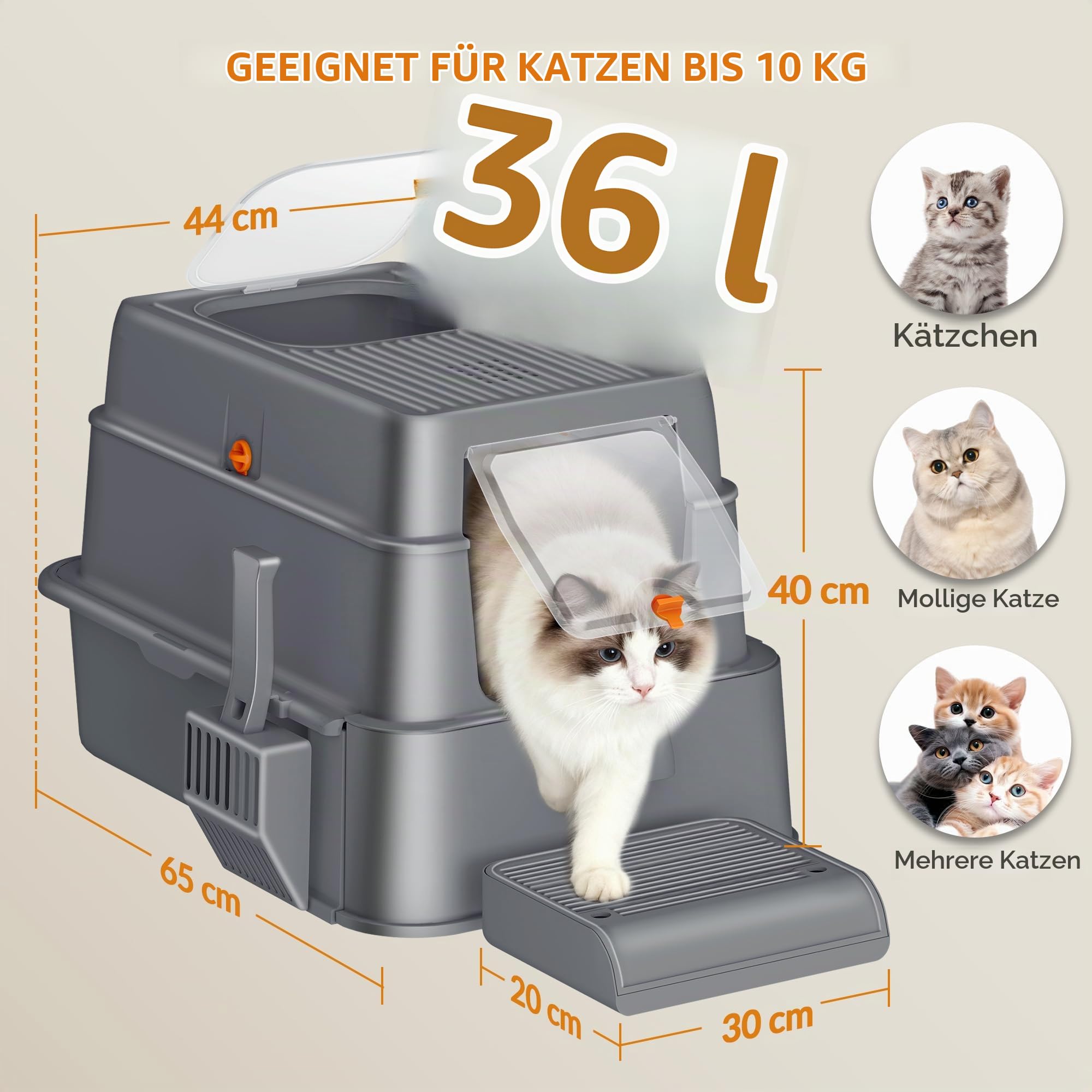 Katzenklo Edelstahl mit Schublade XXL, 65x44x40 cm, Dunkelgrau | Geschlossene Metall Katzentoilette mit Deckel, mit Pedal und Schaufel, Leicht zu Reinigen, Zwei Eingänge FPLB201SG2