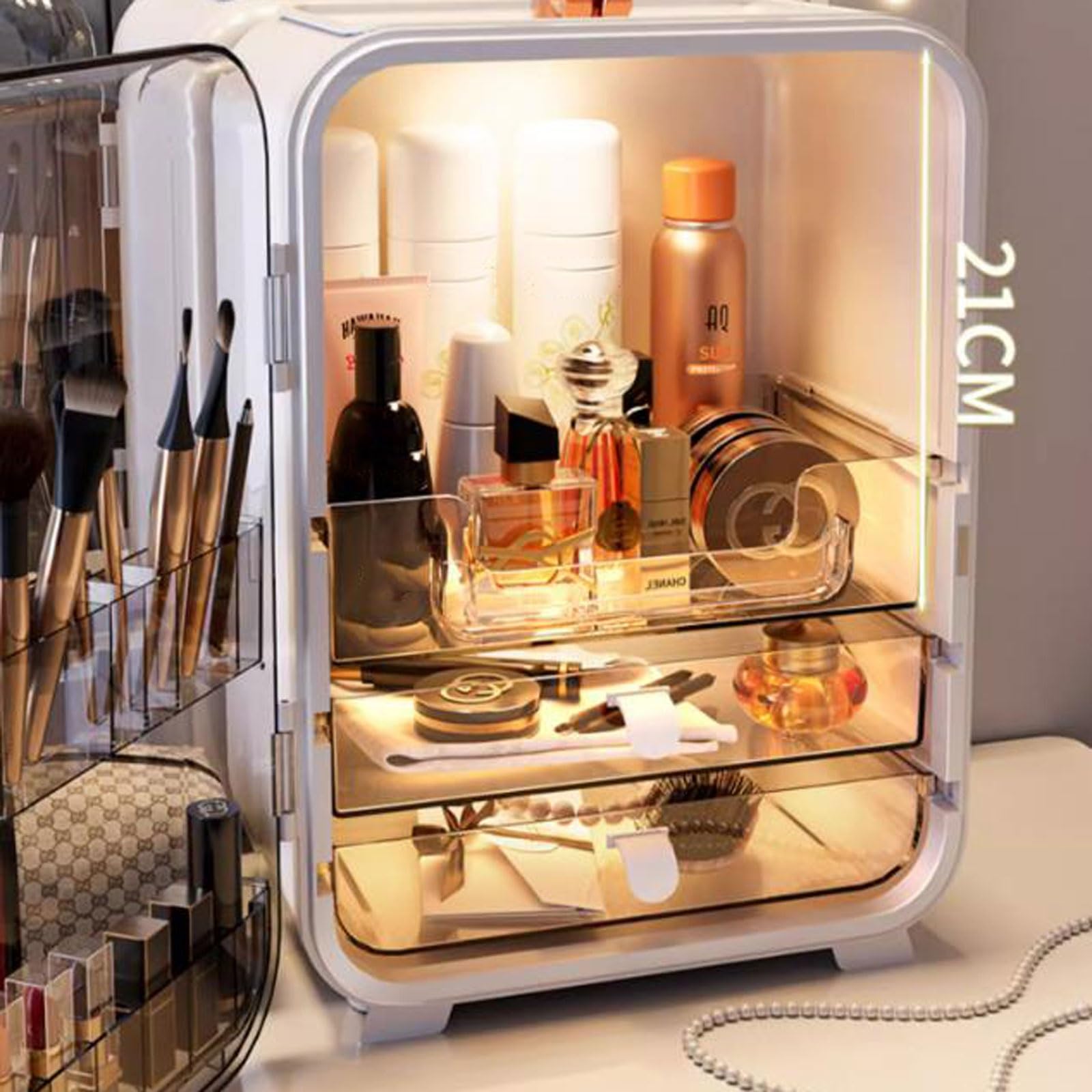 Organiseur De Maquillage Avec 2 Tiroirs - Rangement Cosmétiques, Soins, Parfums, Blanc, Pour Coiffeuse
