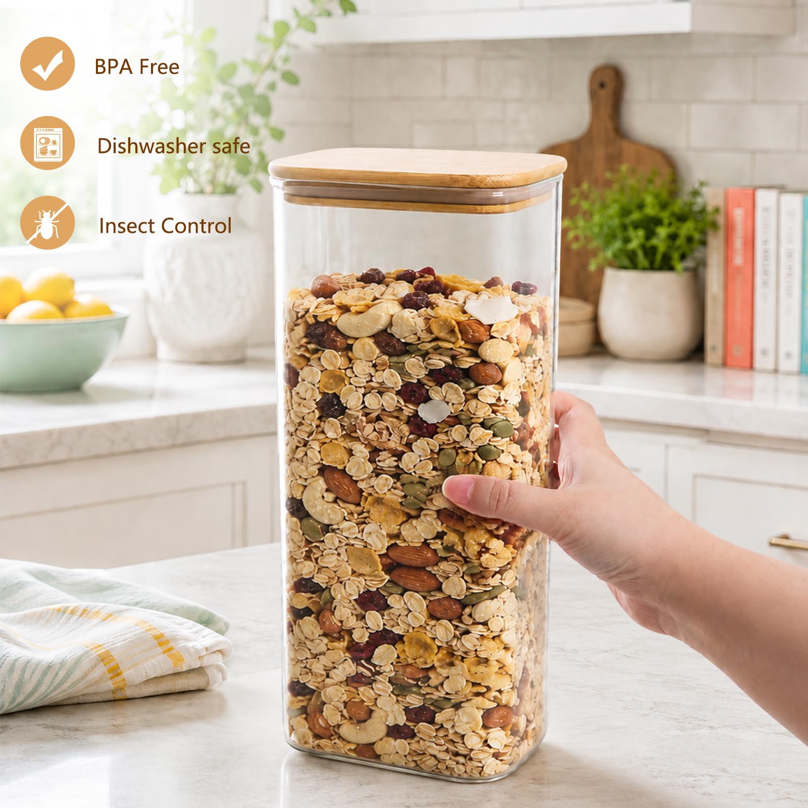 YBCPACK Juego de 4 tarros de cristal de borosilicato herméticos con tapa de 2,1 L, 2100 ml, tarros de almacenamiento cuadrados con tapa de bambú para espaguetis, judías y copos de maíz