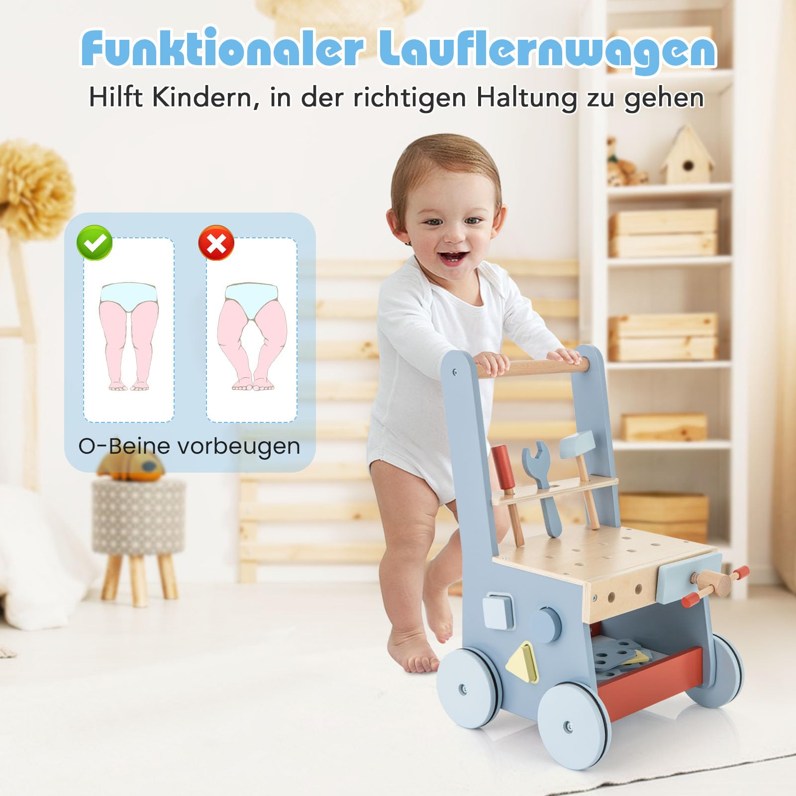 COSTWAY Lauflernwagen Holz, Baby Lauflernhilfe mit Multi-Aktivitätszentrum, Kinder Werkbank Spieltisch, Montessori Spielzeug, Laufwagen für Kinder ab 1 Jahr
