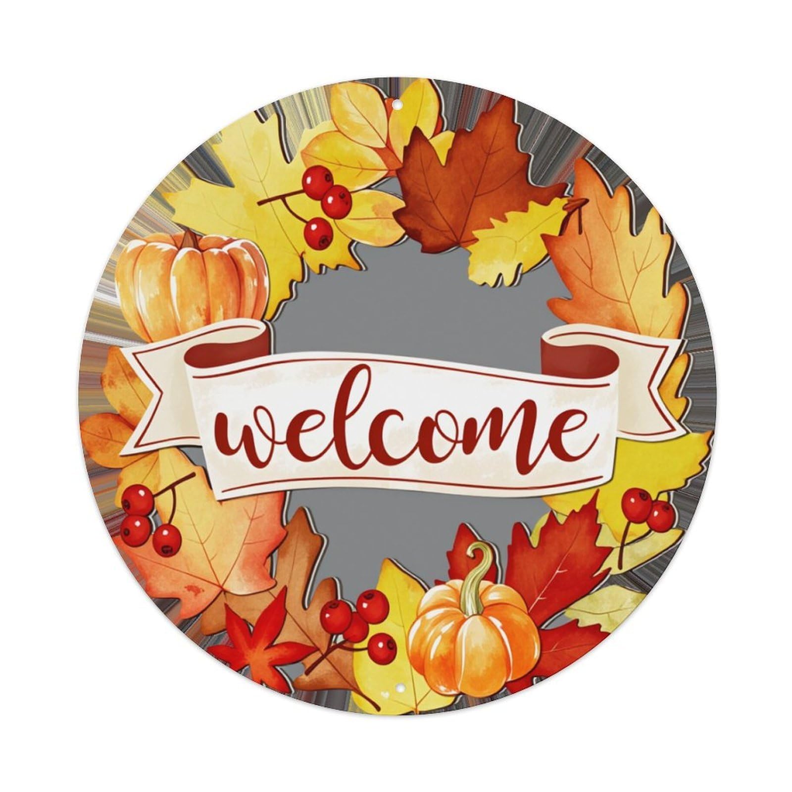 Autumn Leaves Pumpkins Berries Welcome Round Tin Sign Retro Metal Sign for Cafe Bar Pub Home Game Room Gym Club Wall Decoration Vintage Metal Poster 8x8 Inch