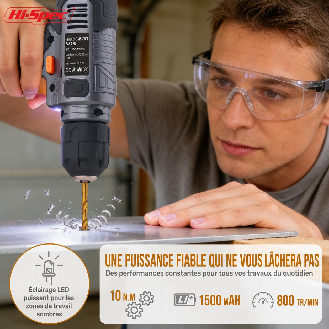 Hi-Spec Perceuse-Visseuse Sans Fil 8V avec Kit 75 pcs, Recharge USB, Batterie 1500mAh, Couple 10Nm, Vitesse 800 tr/min, LED, Légère pour Bricolage Maison, Gris