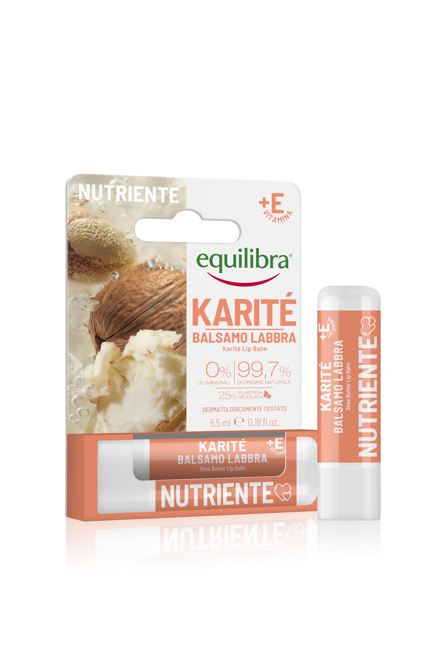 Equilibra, Karité Balsamo Labbra, con Burro di Karité, Olio di Jojoba, Vitamina E e Olio di Carota, azione Nutriente, Per labbra idratate fino a 24 ore*, Delicatamente Profumato, 5,5 ml