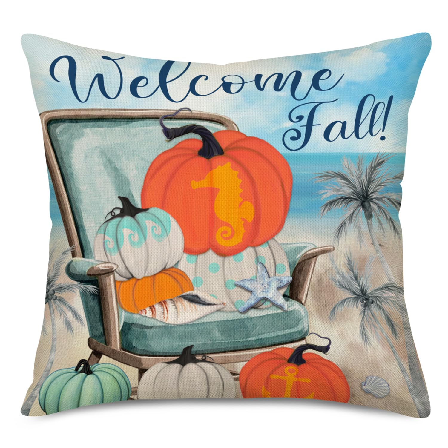 Fukeen Welcome Fall Beach Throw Pillow Covers Retro Seaside Chair with Nautical Anchor Sea Horse Pumpkin Decorative Pillow