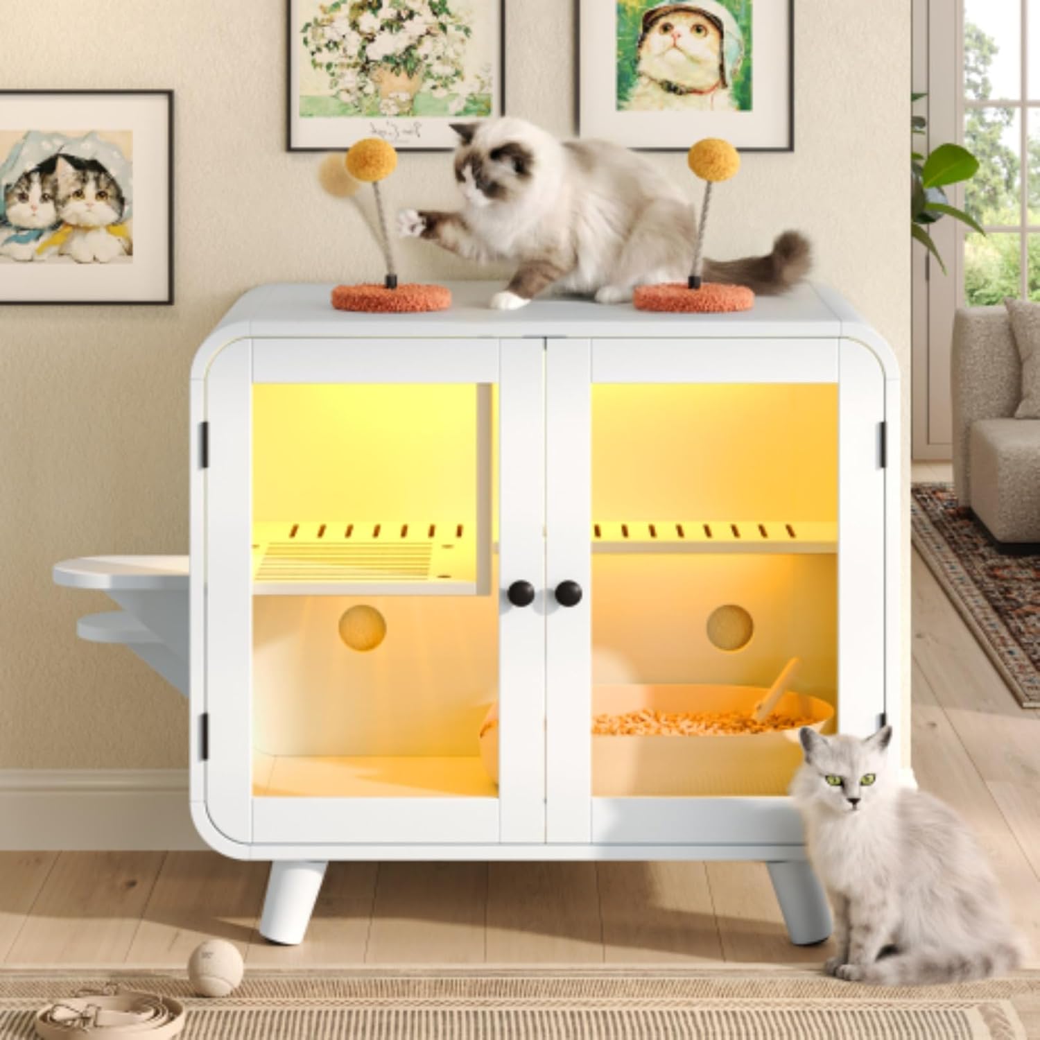 Cat Hidden Litter Box Enclosure with RGB LED Light – Retro TV-Style Cat House Cabinet with Stairs, Toys, Litter Leak Walkway & Glass Doors for Living Room,Beige (Beige)