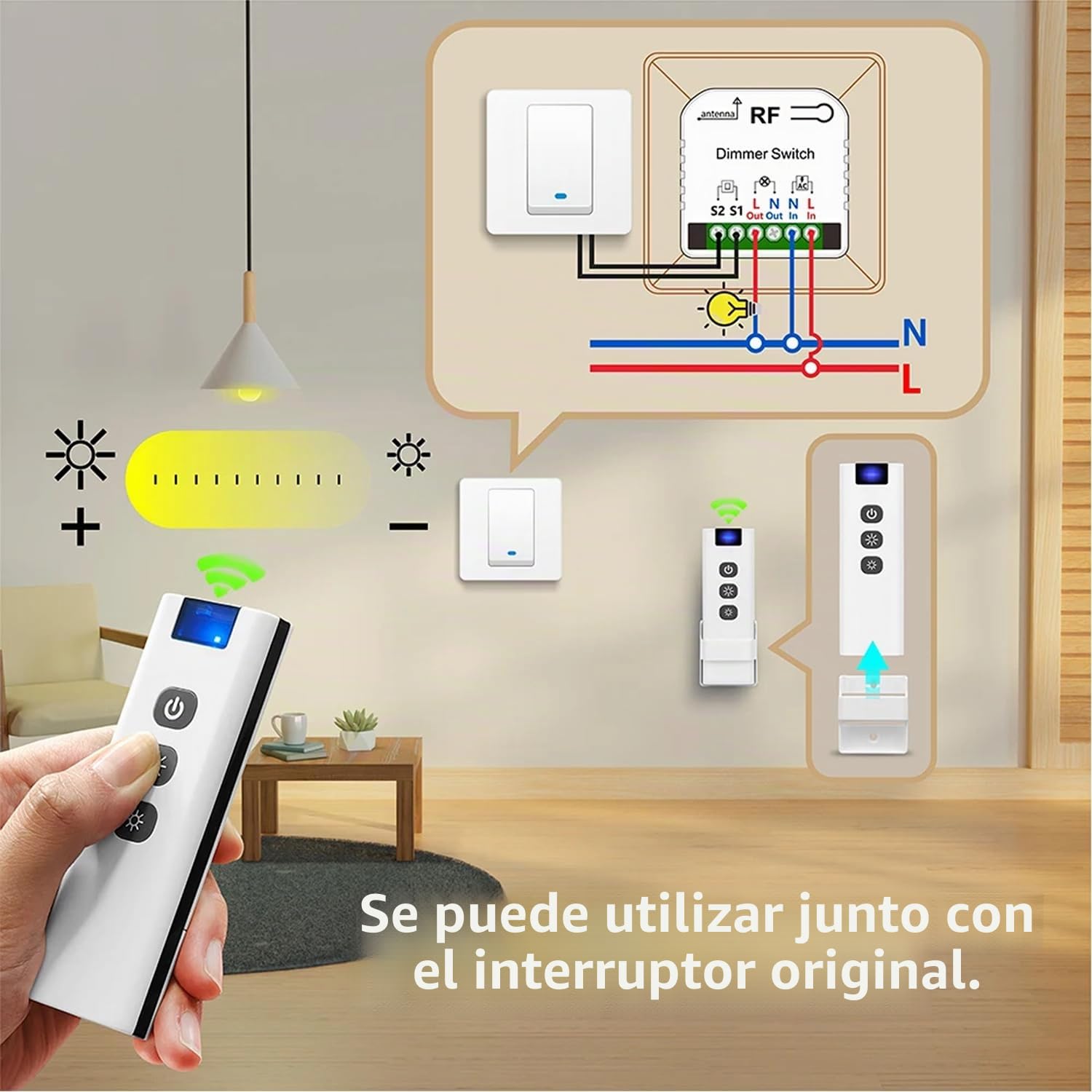 Interruptor De Luz Atenuador Inalambrico Con Controles Remotos, Tedeligo AC220V Control De Interruptor Regulable Para 10-150W LED Y Halógeno, Compatible Con Interruptores Atenuación (No necesita WIFI)