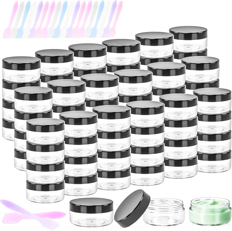 MotBach 48 potes transparentes de 10 g com tampas pretas e mini espátulas