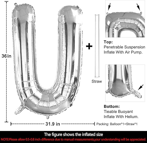 Miniatura 2 de Lovoir Globos grandes de 40 pulgadas con la letra U plateada de gran tamaño, globo de helio de aluminio de Mylar para fiesta de cumpleaños,