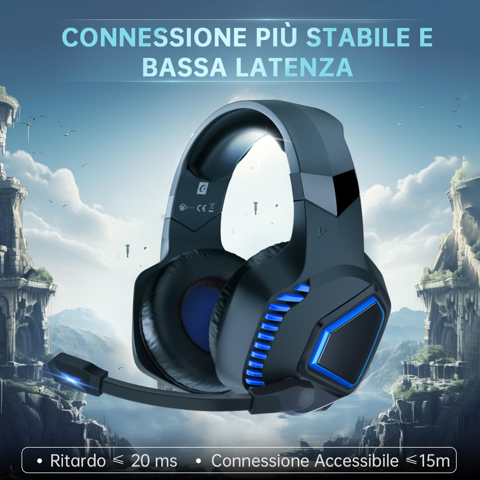 Cuffie Gaming Wireless per PS5/PS4/PC/Switch/Mac/Xbox Series, Bluetooth 5.2, Microfono Noise Cancelling, Suono Surround 3D, Con Cavo da 3,5mm