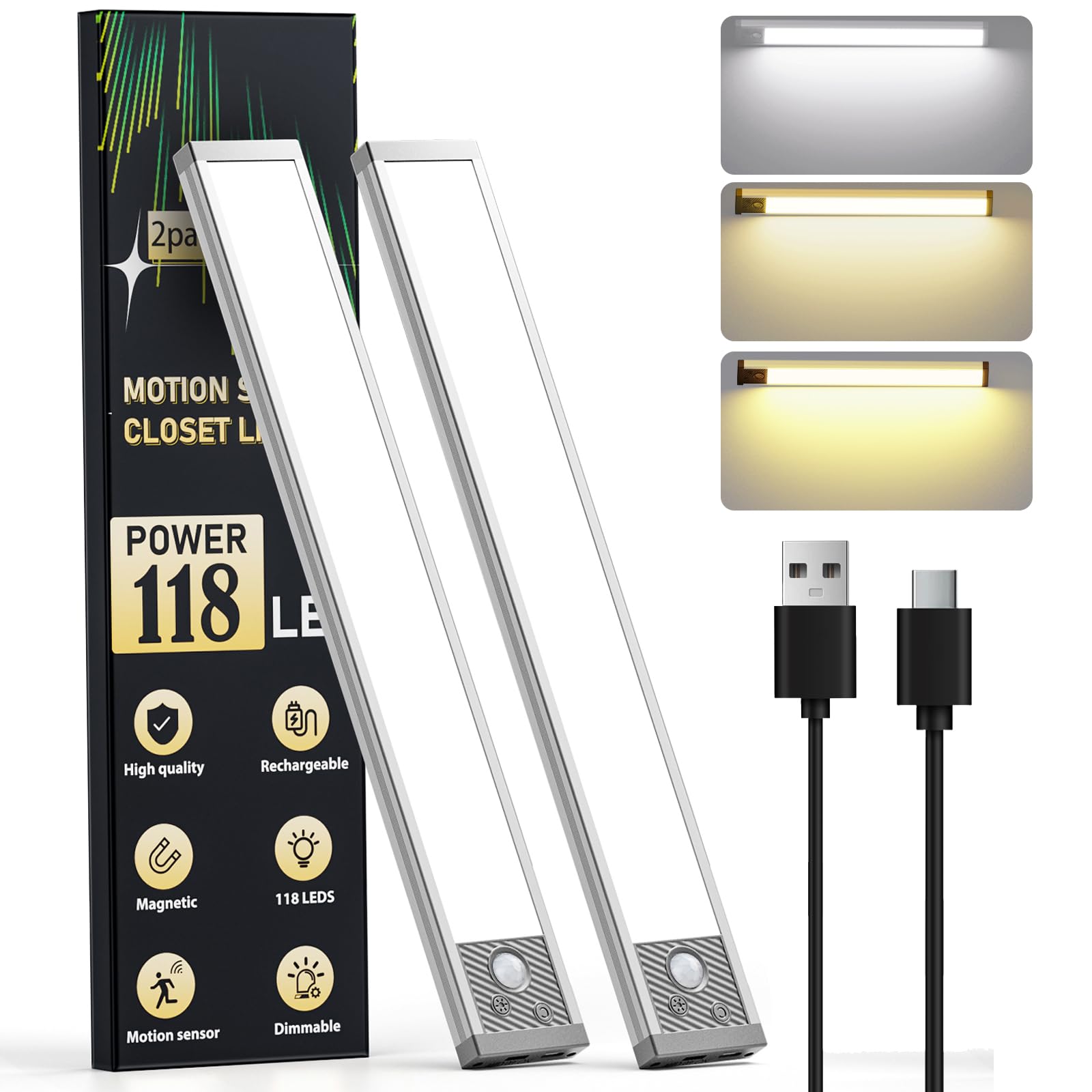 Under Cabinet Lighting, 3 Color Under Cabinet Lights Motion Sensor, 3200mAh Rechargeable 118LED Magnetic Light Bar Indoor, Wireless Battery Operated Closet Lights for Kitchen Home Stairs, 2Pack