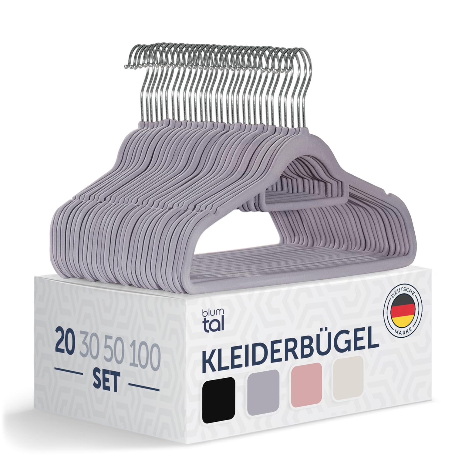 Blumtal Samt-Kleiderbügel, rutschfest, 360° drehbar, für Mäntel, Anzüge, Hemden und Hosen, 20 Stück, Grau