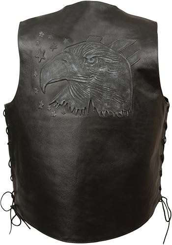 Chaleco de cuero para hombre con cabeza de águila y estrellas en relieve con encaje lateral marrón y negro