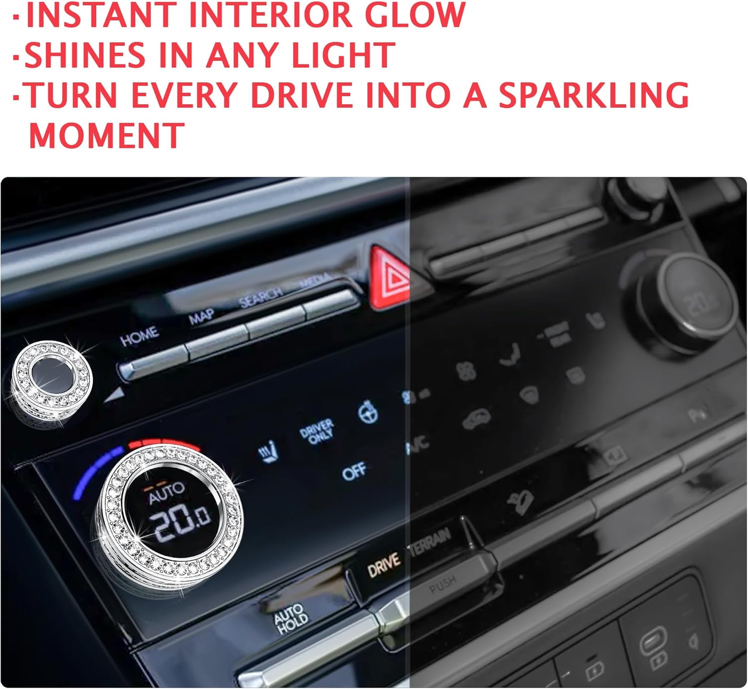 4PCS Crystal Knob Cover Trim Set - Zinc Alloy Rhinestone Interior Bling Accessories, Stylish Control Knob Caps Compatible with 2024-2026 Hyundai Santa Fe, 2025-2026 Santa Cruz & Tucson