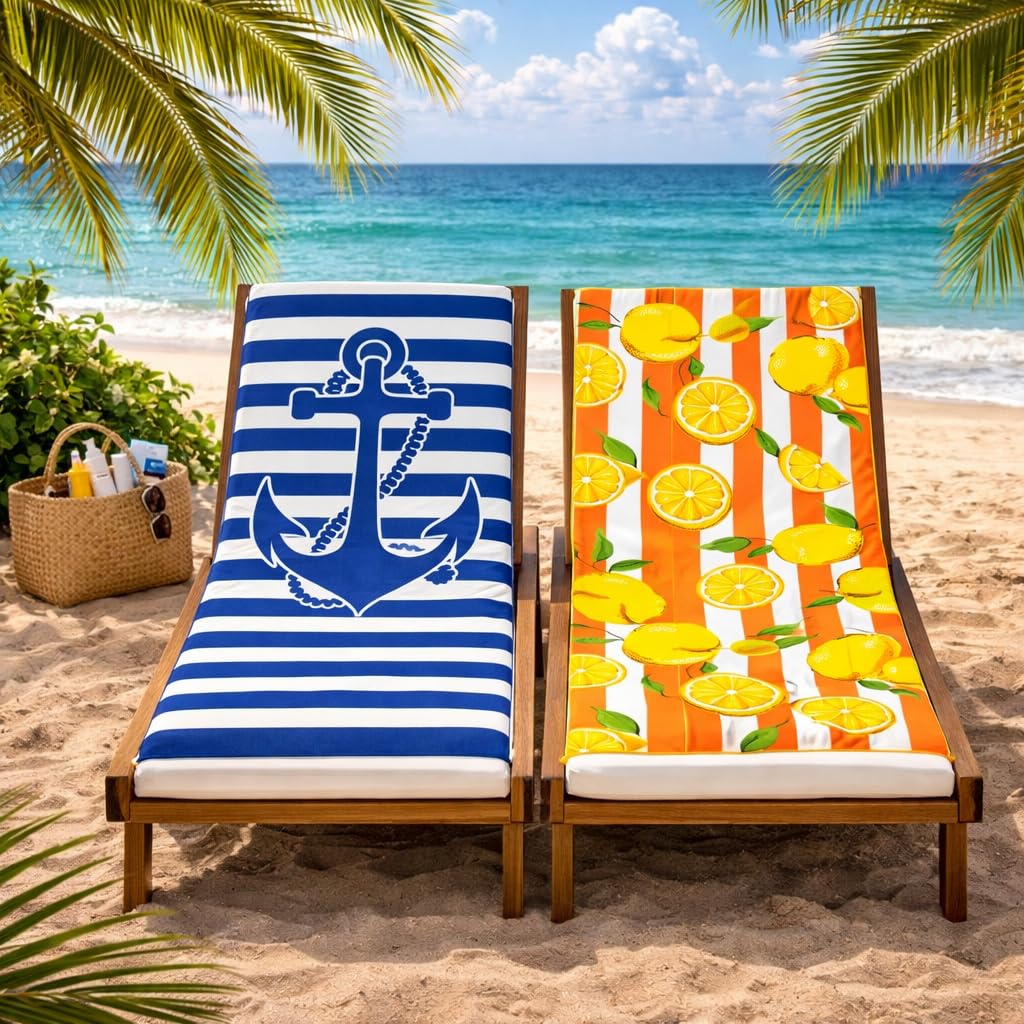 Adore 2 Pack Microfibre Beach Towels 70x140cm - Sand Free Lightweight Quick Dry - Soft Travel Towels for Beach and Pool, Anchor and Lemons