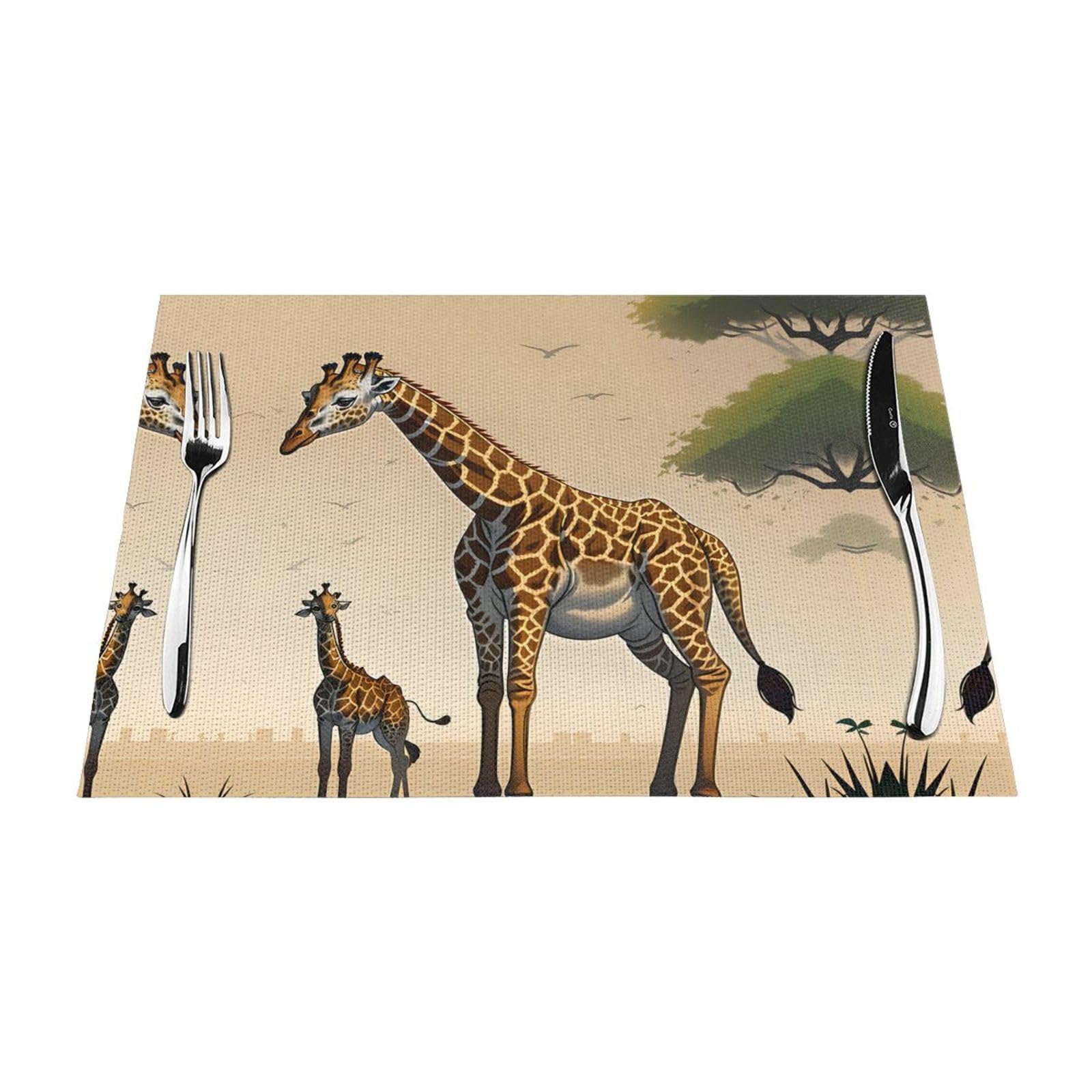 Mother and Child Giraffe 4 Pcs Patterned Woven Placemats are Non-Slip and Heat-Resistant and Complement Any Table