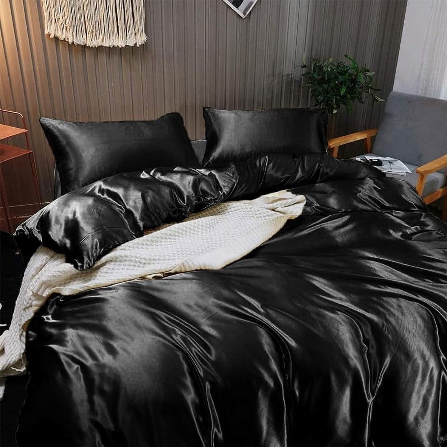 Pure Mulberry Silk Duvet Cover - 19 Momme 6A Graded Silk - 1 Piece Duvet Cover Full/Queen 90" x 90", Black