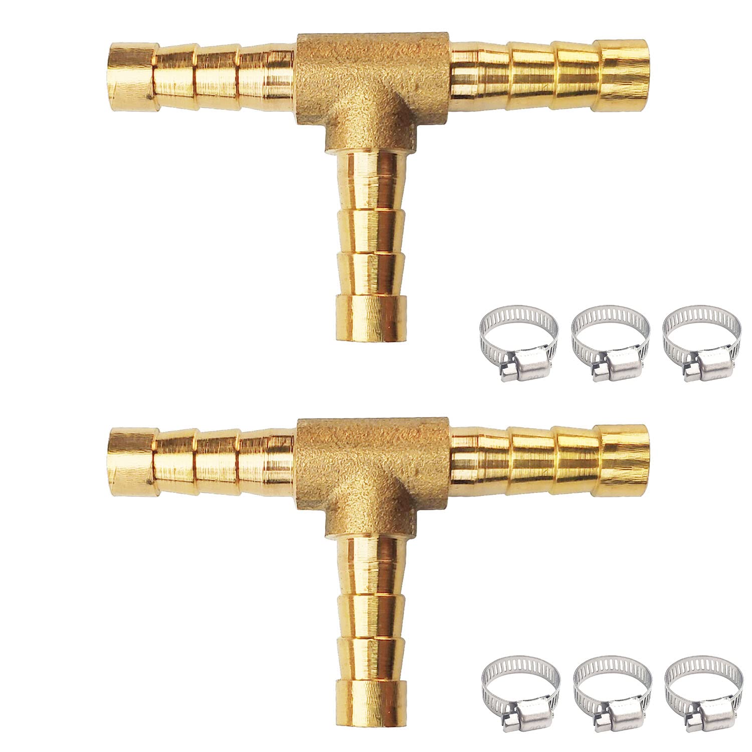 JENSWILL 2PCs 1/4" Brass Hose Barb Fitting Tee 3 way Barbed Splicer Mender Union Fitting with 6PCs Hose Clamp for Oil Water Air