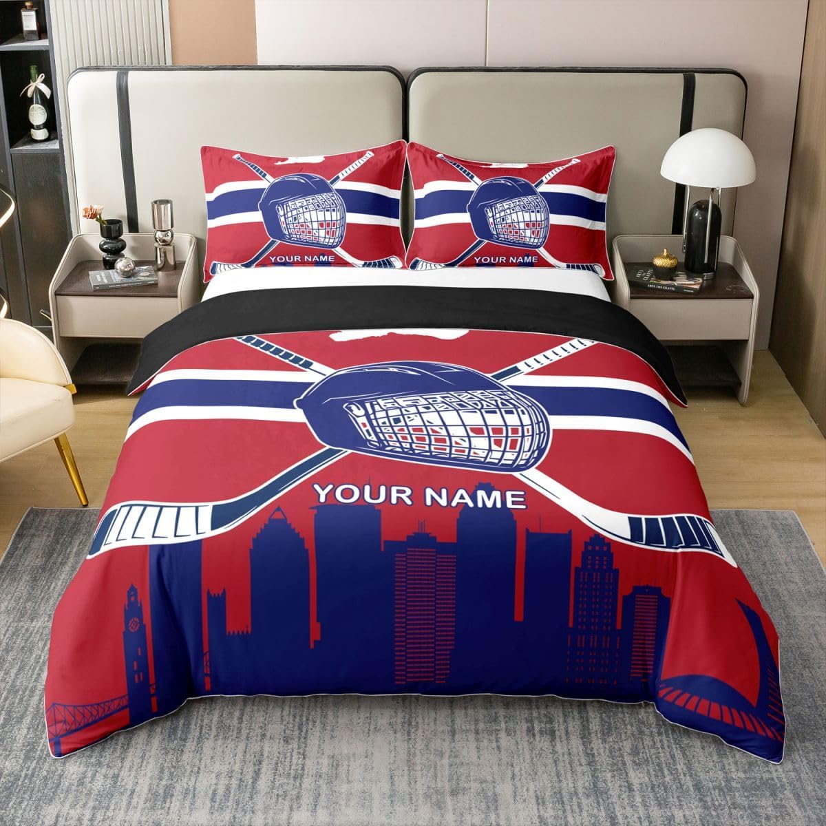 Erosebridal Personalized Hockey Player Bedding Set King,Ice Hockey 100 Percent Cotton Duvet Cover for Boy,Teen Boys Ice Hockey Comforter Cover,Ice Hockey Team Bed Cover 3Pcs,Blue Red