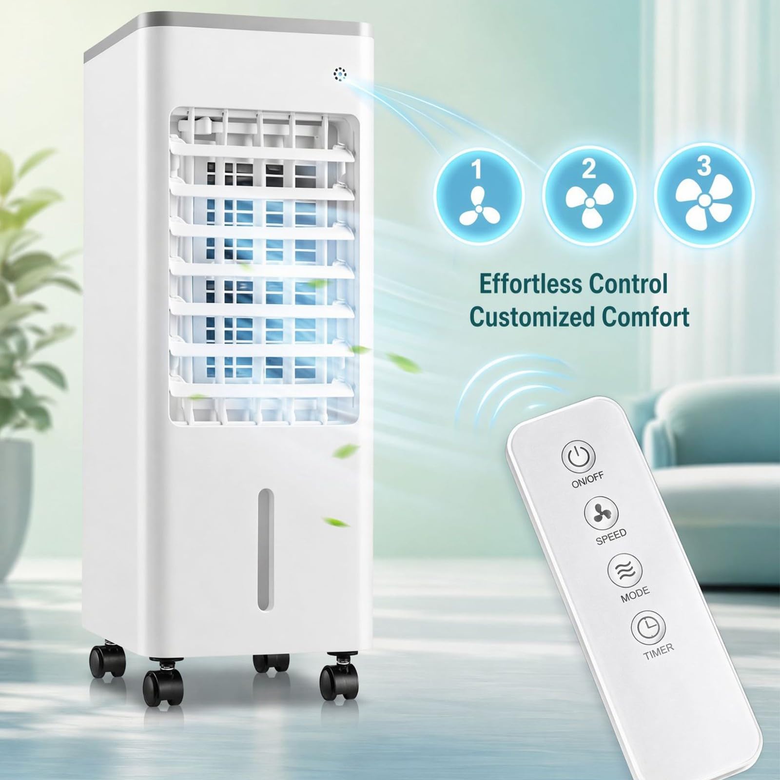 Raffrescatore d'aria evaporativo 4 in 1, serbatoio da 6 litri, timer da 0 a 7,5 ore, telecomando, ventilatore portatile, purificatore d'aria per casa, ufficio e campeggio black