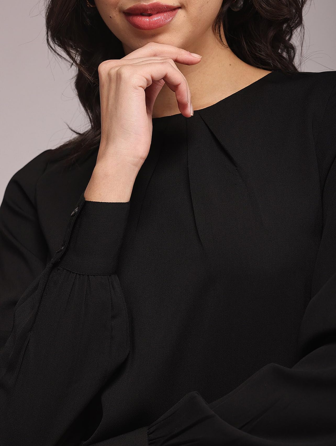 Classic Crew Neck Front Pleat Detail Women Top with Full Sleeves, Gathered Cuff and Pull on Regular - Image 5 thumbnail